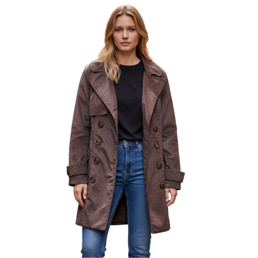 Hazel Anthropologie Chocolate Brown Double-Breasted Velvet Trench Coat Size L